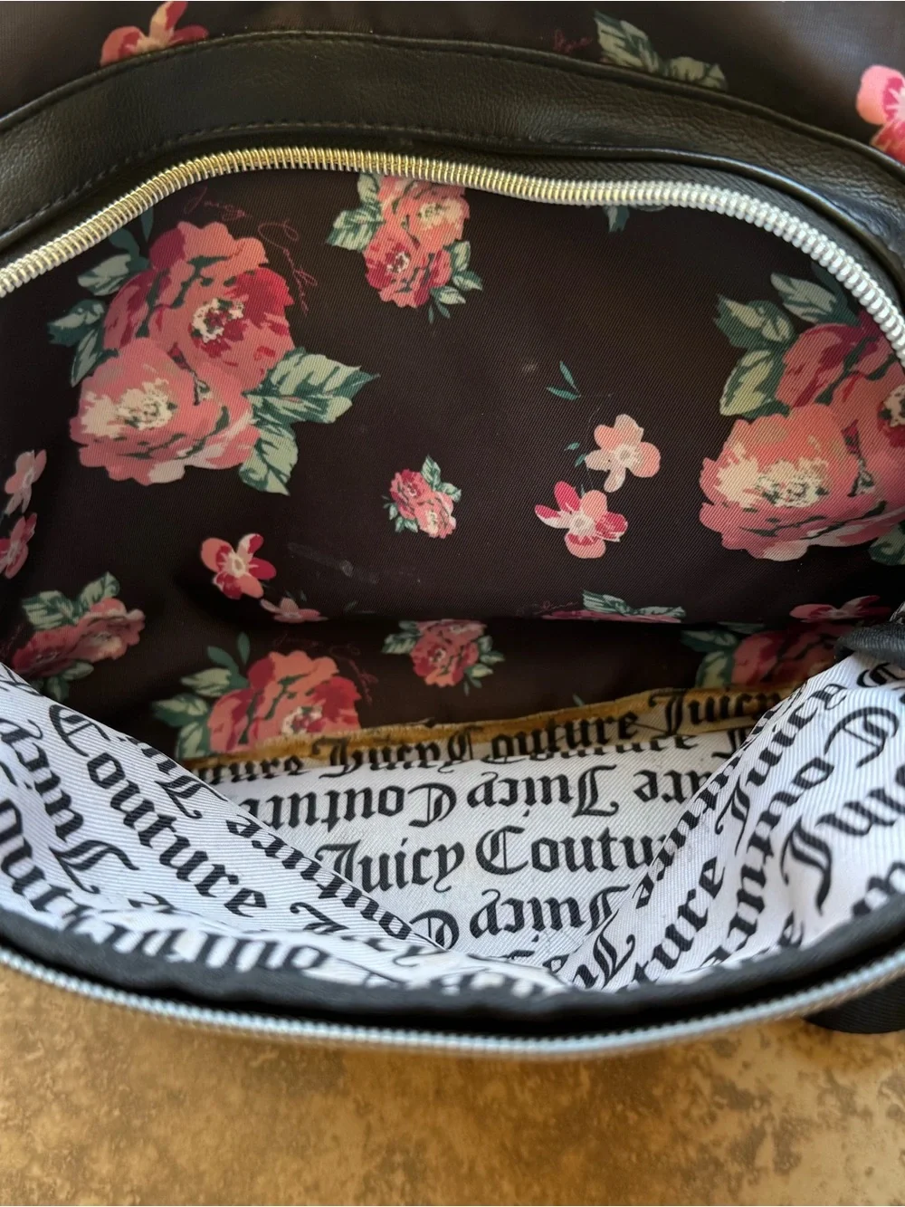 Vintage Y2K Juicy Couture Black Floral Backpack - Pink Rose Print